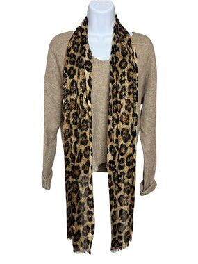 Chaps Leopard Animal Print Sequin Scarf Frayed Edge 72x11 Brown Black Statement